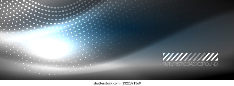 Glowing abstract blue particles wave on dark, shiny motion, Christmas and New Year magic space light. Vector techno abstract background