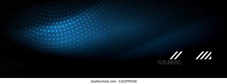 Glowing abstract blue particles wave on dark, shiny motion, Christmas and New Year magic space light. Vector techno abstract background