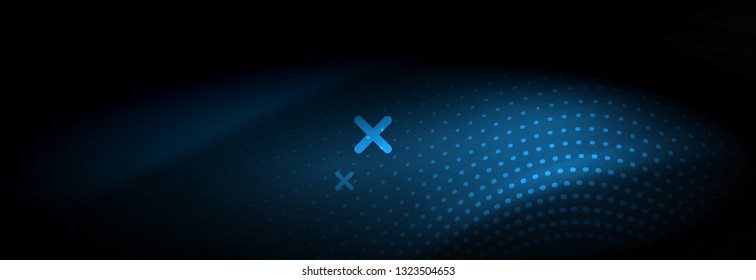 Glowing abstract blue particles wave on dark, shiny motion, Christmas and New Year magic space light. Vector techno abstract background