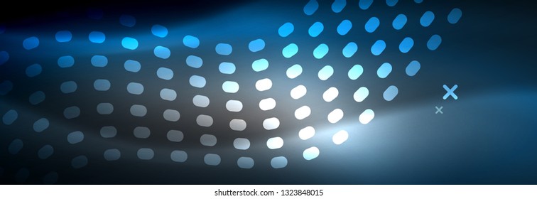 Glowing abstract blue particles wave on dark, shiny motion, Christmas and New Year magic space light. Vector techno abstract background