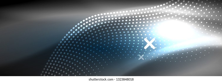 Glowing abstract blue particles wave on dark, shiny motion, Christmas and New Year magic space light. Vector techno abstract background