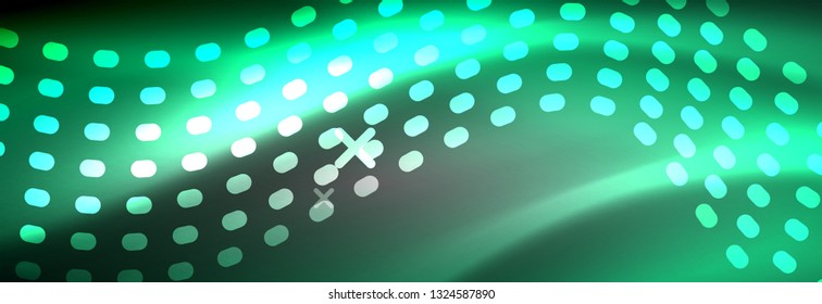 Partículas azules brillantes se ondean en movimiento oscuro y brillante, Navidad y Año Nuevo mágico luz espacial. Fondo abstracto Vector Techno