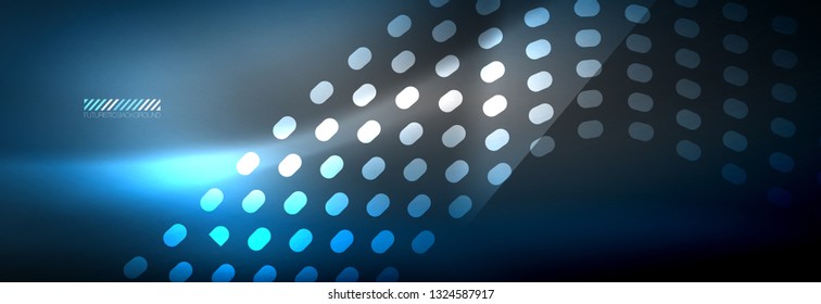 Partículas azules brillantes se ondean en movimiento oscuro y brillante, Navidad y Año Nuevo mágico luz espacial. Fondo abstracto Vector Techno