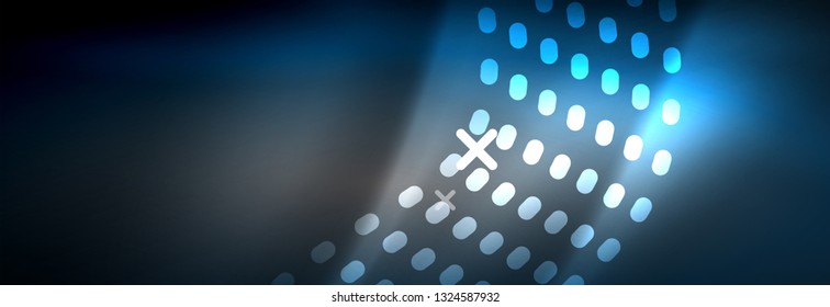 Partículas azules brillantes se ondean en movimiento oscuro y brillante, Navidad y Año Nuevo mágico luz espacial. Fondo abstracto Vector Techno