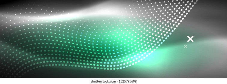 Glowing abstract blue particles wave on dark, shiny motion, Christmas and New Year magic space light. Vector techno abstract background
