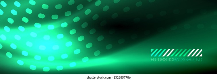 Partículas azules brillantes se ondean en movimiento oscuro y brillante, Navidad y Año Nuevo mágico luz espacial. Fondo abstracto Vector Techno