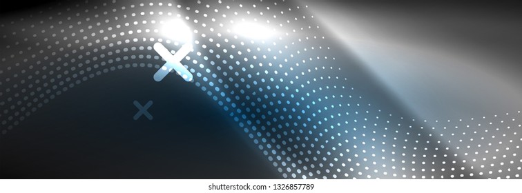 Glowing abstract blue particles wave on dark, shiny motion, Christmas and New Year magic space light. Vector techno abstract background