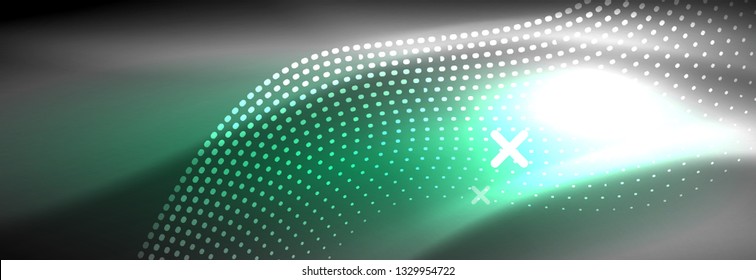 Glowing abstract blue particles wave on dark, shiny motion, Christmas and New Year magic space light. Vector techno abstract background