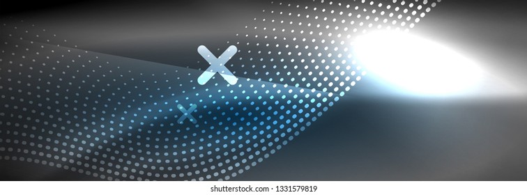 Partículas azules brillantes se ondean en movimiento oscuro y brillante, Navidad y Año Nuevo mágico luz espacial. Fondo abstracto Vector Techno