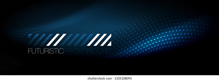 Partículas azules brillantes se ondean en movimiento oscuro y brillante, Navidad y Año Nuevo mágico luz espacial. Fondo abstracto Vector Techno