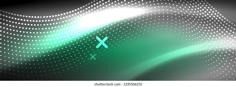 Partículas azules brillantes se ondean en movimiento oscuro y brillante, Navidad y Año Nuevo mágico luz espacial. Fondo abstracto Vector Techno