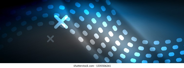 Glowing abstract blue particles wave on dark, shiny motion, Christmas and New Year magic space light. Vector techno abstract background