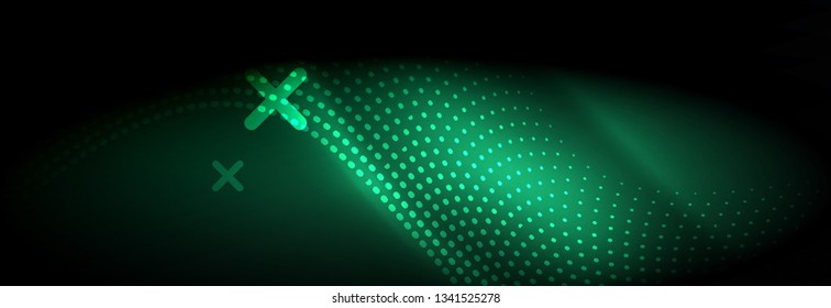 Glowing abstract blue particles wave on dark, shiny motion, Christmas and New Year magic space light. Vector techno abstract background