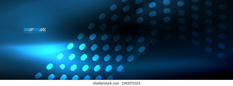 Partículas azules brillantes se ondean en movimiento oscuro y brillante, Navidad y Año Nuevo mágico luz espacial. Fondo abstracto Vector Techno