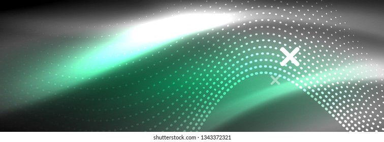 Glowing abstract blue particles wave on dark, shiny motion, Christmas and New Year magic space light. Vector techno abstract background
