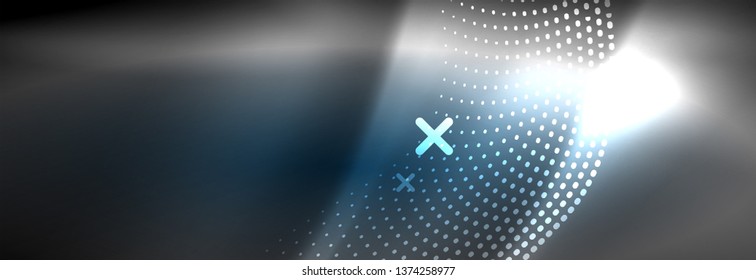 Glowing abstract blue particles wave on dark, shiny motion, Christmas and New Year magic space light. Vector techno abstract background