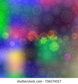 Glowing abstract bokeh background with colored lights and snow flakes. Vector illustration.