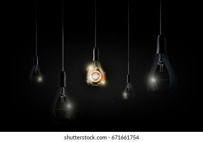 Glowing abstract futuristic light bulb is hanging between a lot of turned off light bulbs on dark black background, vector illustration