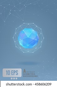 Glowing abstract geometric shape with graphic line on blue background