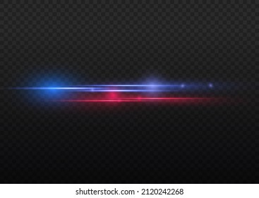Glowing abstract glittering police line. Vector red and blue special effect. Laser beams, horizontal light rays. Luminous stripes on a transparent background. Abstract fire flare trace lens flares.
