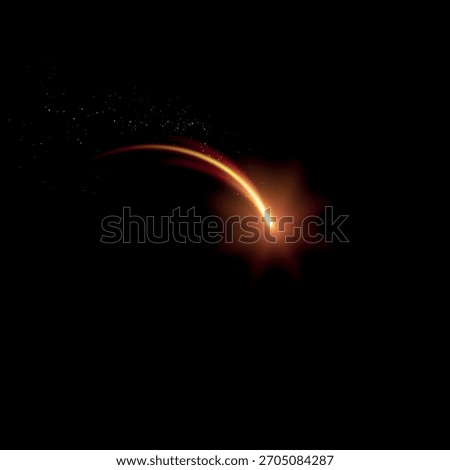 A glowing abstract golden spark with an arced trail and shimmering particles on a black isolated background. Falling meteorite, asteroid, comet, pyrotechnic explosion. Vector illustration.