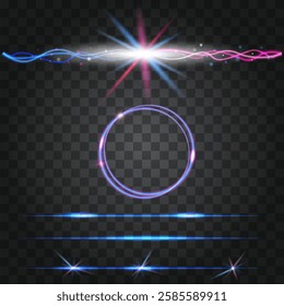 Glowing abstract light elements with dynamic effects: luminous streaks, lens flares, radiant bursts, sparkling particles, vortex rays . Transparent effect. Vector Illustration