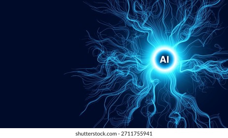 Red Neuronal Abstractas Brillante Con Núcleo De IA, Simulando Conexiones Cerebrales Digitales Y Flujo De Tecnología Sobre Fondo Oscuro. Concepto futurista. Ilustración vectorial.
