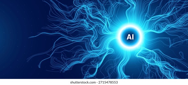 Red Neuronal Abstractas Brillante Con Núcleo De IA, Simulando Conexiones Cerebrales Digitales Y Flujo De Tecnología Sobre Fondo Oscuro. Concepto futurista. Ilustración vectorial.
