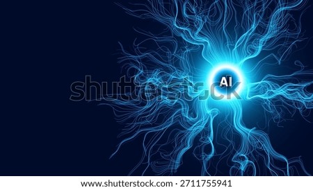 Glowing Abstract Neural Network With AI Core, Simulating Digital Brain Connections And Technology Flow On Dark Background. Futuristic Concept. Vector Illustration.