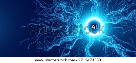 Glowing Abstract Neural Network With AI Core, Simulating Digital Brain Connections And Technology Flow On Dark Background. Futuristic Concept. Vector Illustration.
