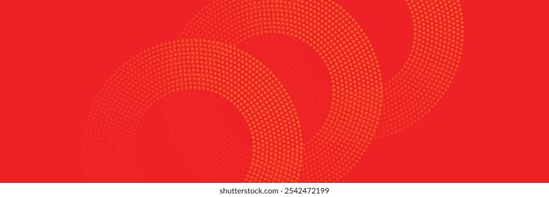 Glowing abstract orange geometric lines on red background. Modern shiny orange circle lines pattern.