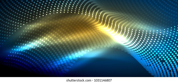 Glowing abstract wave on dark, shiny motion, magic space light. Vector techno abstract background, blue and yellow colors