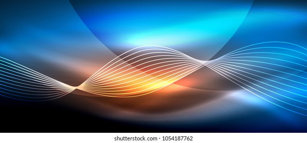 Ola abstracta brillante en movimiento oscuro y brillante, luz espacial mágica. Fondo abstracto Vector Techno