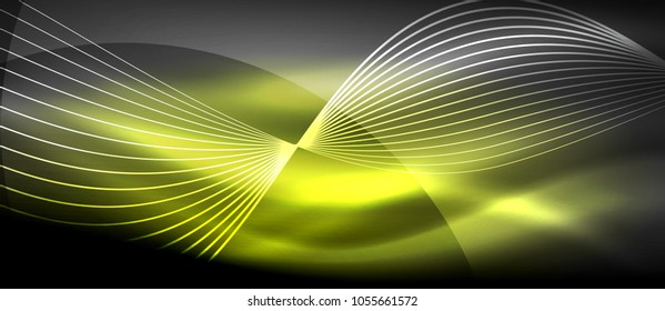 Glowing abstract wave on dark, shiny motion, magic space light. Vector techno abstract background