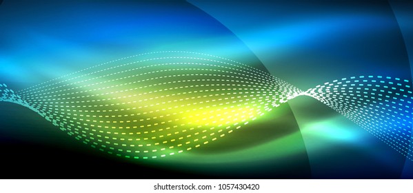 Ola abstracta brillante en movimiento oscuro y brillante, luz espacial mágica. Fondo abstracto Vector Techno