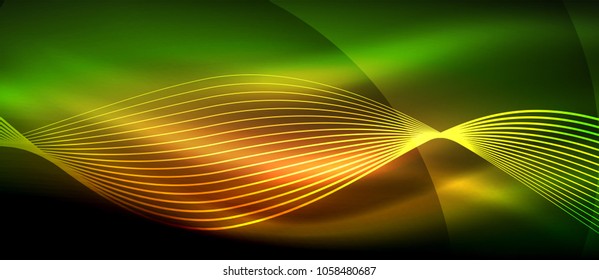 Glowing abstract wave on dark, shiny motion, magic space light. Vector techno abstract background