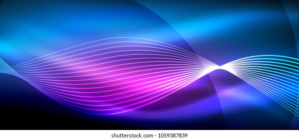 Glowing abstract wave on dark, shiny motion, magic space light. Vector techno abstract background