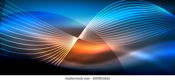 Glowing abstract wave on dark, shiny motion, magic space light. Vector techno abstract background