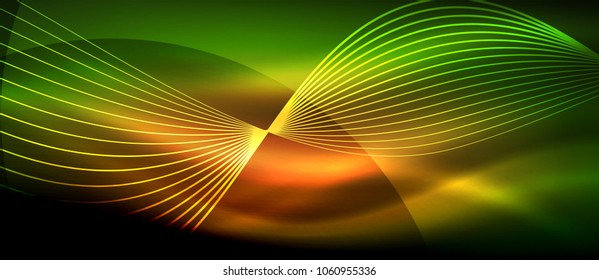 Glowing abstract wave on dark, shiny motion, magic space light. Vector techno abstract background