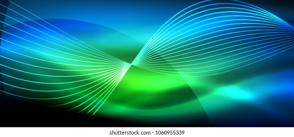 Glowing abstract wave on dark, shiny motion, magic space light. Vector techno abstract background