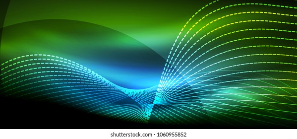 Glowing abstract wave on dark, shiny motion, magic space light. Vector techno abstract background