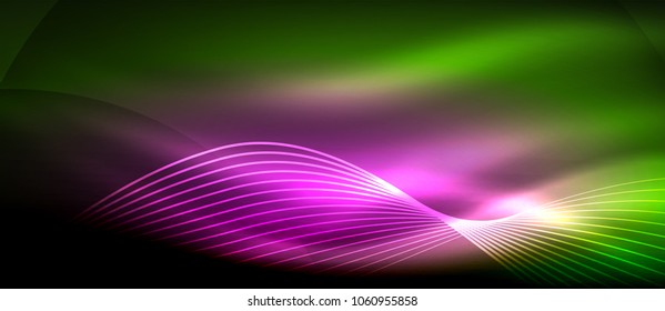 Glowing abstract wave on dark, shiny motion, magic space light. Vector techno abstract background
