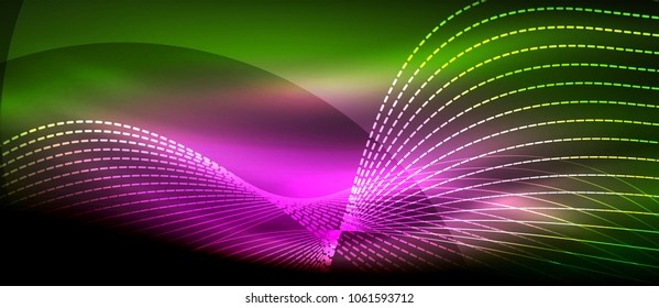 Glowing abstract wave on dark, shiny motion, magic space light. Vector techno abstract background