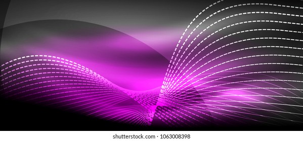 Glowing abstract wave on dark, shiny motion, magic space light. Vector techno abstract background