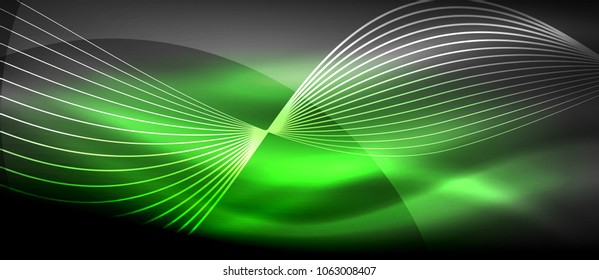 Glowing abstract wave on dark, shiny motion, magic space light. Vector techno abstract background