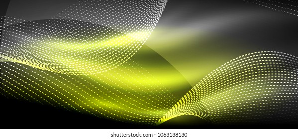 Glowing abstract wave on dark, shiny motion, magic space light. Vector techno abstract background