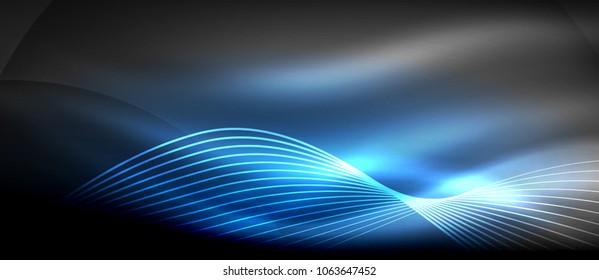 Glowing abstract wave on dark, shiny motion, magic space light. Vector techno abstract background