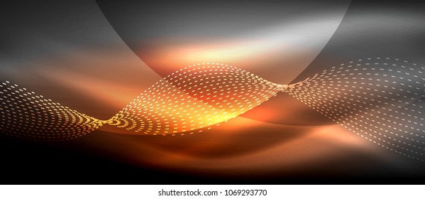 Glowing abstract wave on dark, shiny motion, magic space light. Vector techno abstract background