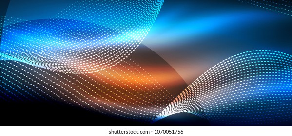 Glowing abstract wave on dark, shiny motion, magic space light. Vector techno abstract background