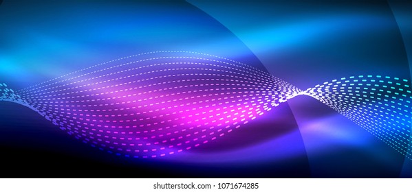 Glowing abstract wave on dark, shiny motion, magic space light. Vector techno abstract background